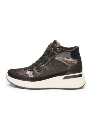 Black high-top sneaker with textured and shiny panels, side zipper, black laces, and thick white sole with black accents.