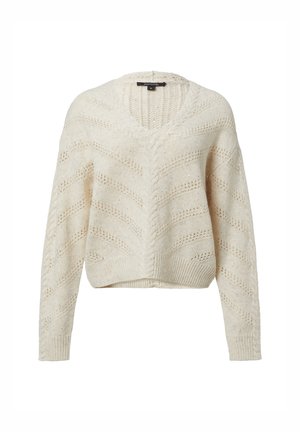 Cremefarbener Strickpullover mit V-Ausschnitt, langen Ärmeln und einem gemusterten Design mit offenen Maschen. Kurz geschnitten mit geripptem Saum.