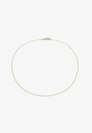 Colier din aur, design delicat, textură netedă, linkuri circulare mici, având un sistem de închidere cu carabină. Apărare simplă, subtilă.