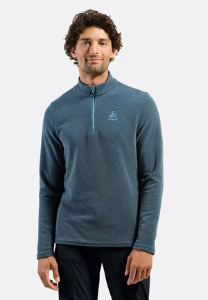 Dunkelblauer Fleece-Pullover mit Reißverschluss für Herren. Texturierten Stoff, hoher Kragen und hellblauer Reißverschlussakzent. Logo auf der Brust.