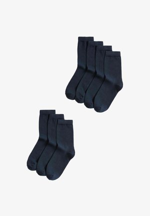 Pack de seis calcetines de algodón de color azul marino, con una textura suave y puños acanalados. Cada calcetín tiene un diseño clásico y un color sólido.