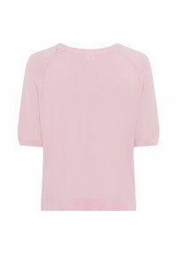 Lyserød kortærmet strik top med rund hals, der har ribbet kant forneden og ved ærmerne, glat tekstur og diskret sømdetaljer.