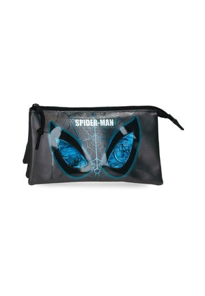 Estuche negro con cremallera que muestra los ojos de la máscara de Spider-Man en azul con patrones de telaraña y el texto "SPIDER-MAN" encima de los ojos.