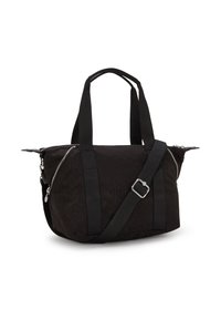 Black fabric tote bag with dual top handles, adjustable shoulder strap, zippered closure, and geometric texture detail. Silver hardware accents.