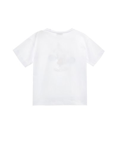 Hvid bomulds t-shirt med korte ærmer, der har en diskret grafik af en karakter på ryggen. Glat tekstur, rund udskæring.