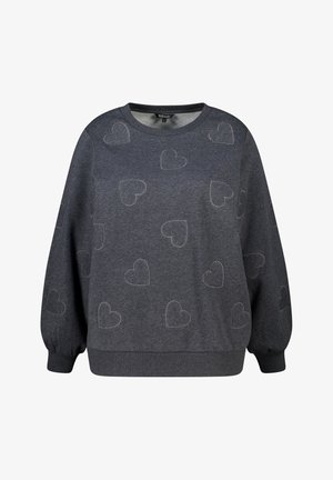 Grijze trui van zacht materiaal, met een patroon van omlijnde harten. Ronde halslijn en lange mouwen met aangesloten boorden. Eenvoudig, casual ontwerp.