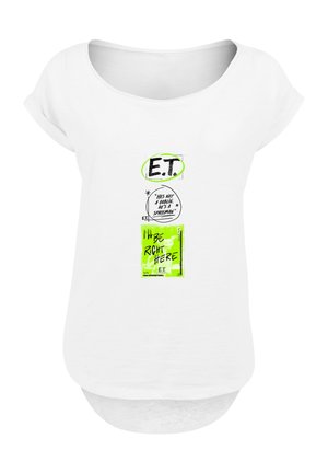White short-sleeve t-shirt with a relaxed neckline, featuring “E.T.” and graphic text in black and neon green, with cartoon accents.