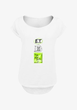 White short-sleeve t-shirt with a relaxed neckline, featuring “E.T.” and graphic text in black and neon green, with cartoon accents.