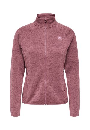 Mauvės spalvos fliso striukė su užtrauktuku, aukštu apykakliu, ilgomis rankovėmis, šoninėmis kišenėmis ir mažu firminiu ženklu kairėje krūtinės pusėje.