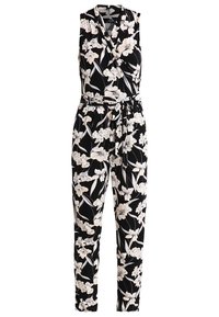 Combinaison noire à fleurs sans manches, avec un devant croisé, une taille ceinturée et des fleurs crème sur un fond sombre.