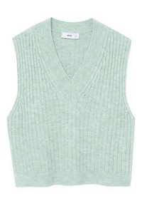 Gilet sans manches en tricot côtelé vert menthe avec un profond col en V et un bord de col large.