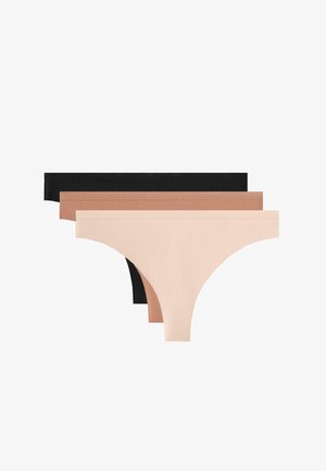 Trois paires de string : une noire, une marron clair et une beige. Chacune est fabriquée dans un tissu lisse et extensible avec une ceinture à logo.