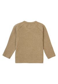 Beige ribbet langærmet top med rund halsudskæring og raglanærmer, der har et tekstureret stof og en lige kant.