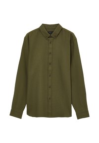 Olivegrünes langärmliges Hemd mit kragenförmigem Ausschnitt, Knopfleiste, strukturiertem Stoff und dunklen Knopfakzenten.