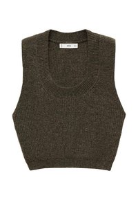 Gestrickter ärmelloser Top in dunkelolivgrün, mit weitem Ausschnitt und gerippter Struktur, kürzlichem Saum und sauberem Finish.