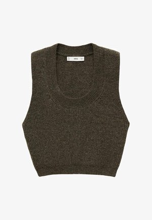 Knitted sleeveless top in dark olive green, featuring a wide neckline and ribbed texture, with a cropped hem and clean finish.