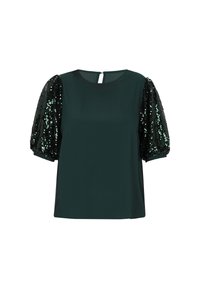 Top verde scuro con maniche corte a sbuffo ricoperte di paillettes nere, dotato di scollatura rotonda e chiusura a chiave sulla schiena. Corpo in tessuto liscio.