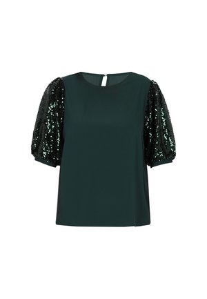 Top verde scuro con maniche corte a sbuffo ricoperte di paillettes nere, dotato di scollatura rotonda e chiusura a chiave sulla schiena. Corpo in tessuto liscio.