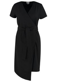 Musta kietaisumekko, jossa on lyhyet hihat, solmittava vyö vyötäröllä ja vino helma. Valmistettu sileästä, kevyestä kankaasta.