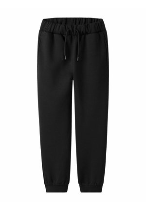 Zwarte sweatpants van zacht stof; heeft een elastische tailleband met trekkoord, zijzakken en taps toelopende benen.