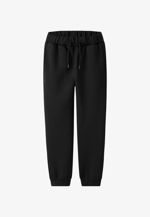 Sorte sweatpants lavet af blødt stof; har en elastisk talje med snoretræk, sidelommer og tapered ben.