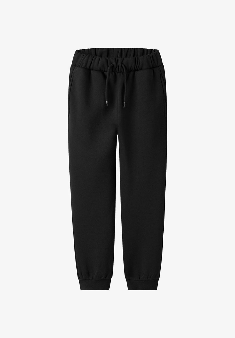 Zwarte sweatpants van zacht stof; heeft een elastische tailleband met trekkoord, zijzakken en taps toelopende benen.