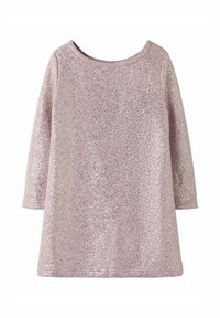 Abito rosa luccicante con maniche lunghe e scollatura rotonda. Presenta una superficie testurizzata con una finitura scintillante. Tessuto morbido.