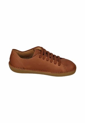Brown leather low-top lace-up shoe with rubber sole, visible stitching along the sides, and a smooth rounded toe.