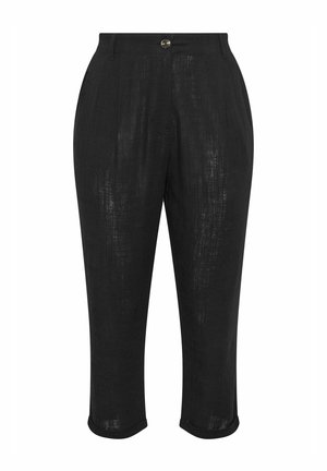 Pantaloni neri in lino con finitura texturizzata, dotati di un bottone frontale, design plissettato e lunghezza cropped con risvolti.