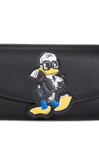 Schwarze Kunstledergeldbörse mit einer farbenfrohen Donald-Duck-Applikation in Designerkleidung, mit detaillierter Stickerei und einer Klappe.