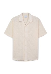 Kurzarmhemd in cremiger Farbe mit floraler Stickerei und Lochmuster-Details; verfügt über einen klassischen Kragen und eine knöpfbare Vorderseite.