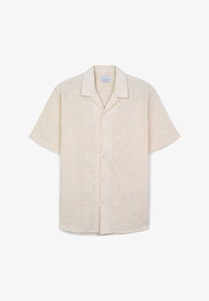 Kurzarmhemd in cremiger Farbe mit floraler Stickerei und Lochmuster-Details; verfügt über einen klassischen Kragen und eine knöpfbare Vorderseite.