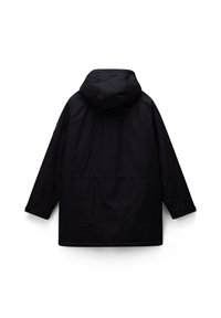Zwarte, hoodie-jack met een loose fit, voorzien van lange mouwen, elastische taille en een minimalistisch ontwerp. Stof lijkt glad en lichtgewicht.