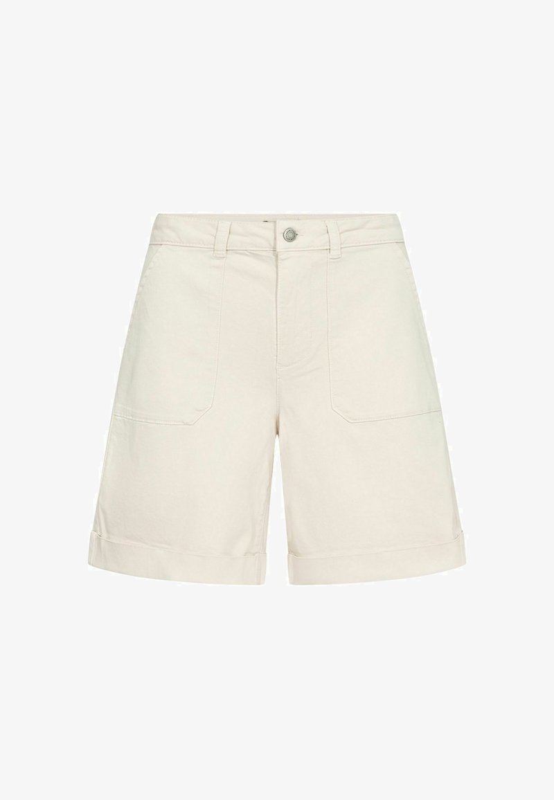 Shorts beige mi-cuisse avec poches avant, passants de ceinture, fermeture à boutons et ourlets retroussés.