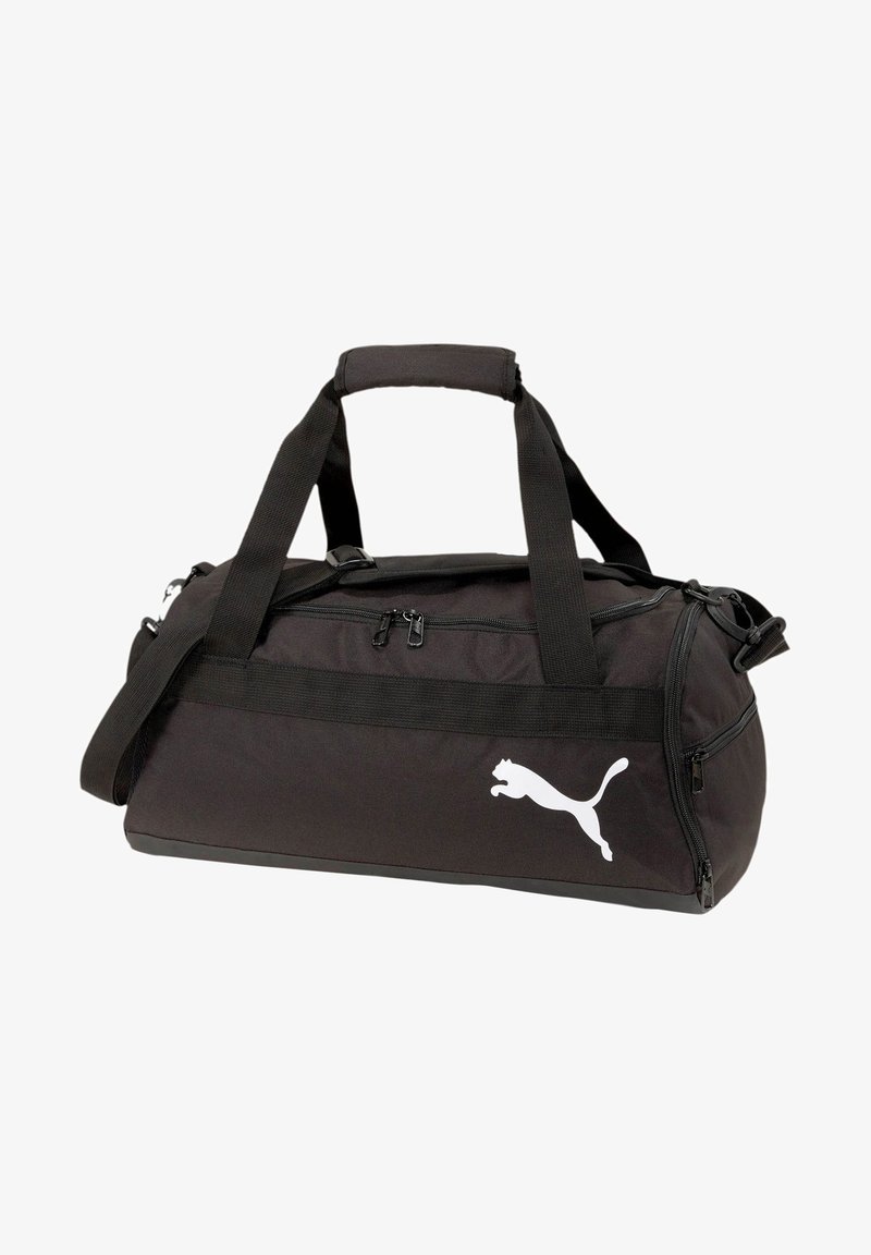 Borsa a duffel nera realizzata in tessuto durevole, dotata di manici doppi, una tracolla, chiusure con zip e un logo Puma bianco sul lato.