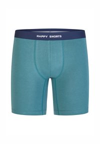 Boxerské kraťasy vyrobené z tyrkysové látky s tmavě modrým elastickým pasem, na kterém je v bílém písmu nápis "HAPPY SHORTS". Hladký povrch, přiléhavý střih.