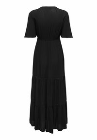 Robe longue noire avec manches courtes, taille cintrée, jupe à volants et vue de dos sur fond blanc.