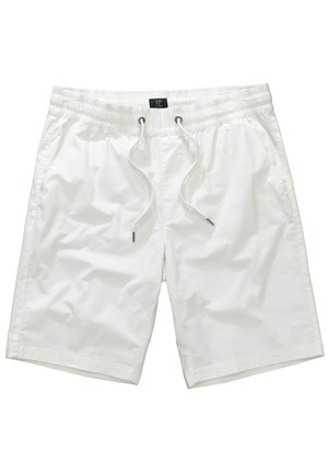 Pantaloni da bagno bianchi con vita elasticizzata, cordoncino regolabile, tasche laterali e una texture di tessuto liscia e leggera.