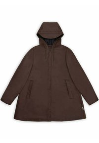 Cappotto invernale marrone con cappuccio, tasche frontali, maniche lunghe e lacci sul cappuccio, esposto piatto su uno sfondo bianco.