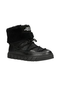 Schwarze Knöchelstiefel mit einem strukturierten Fellkragen, synthetischem Obermaterial, verstellbaren Schnürsenkeln und einer dicken Gummisohle mit Zickzackmuster.