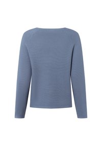 Maglione azzurro a maniche lunghe con scollo rotondo, caratterizzato da un design a maglia testurizzata e polsini a costine. La vista posteriore mostra una silhouette pulita e semplice.