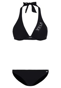 Schwarzes Bikini-Set mit einem Halterneck-Top mit Bindeband, dreieckigen Cups und passenden niedrig sitzenden Unterteilen; minimalistisches Design.