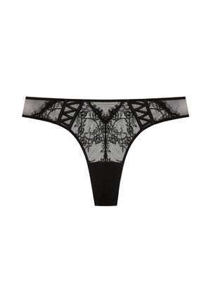 Czarna stringi z koronką o kwiatowych wzorach, siateczkowymi bokami oraz ozdobnymi krzyżującymi się paskami na przednim pasie.