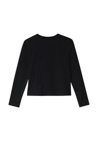 Schwarzes Langarmshirt aus weicher Baumwolle. Verfügt über einen runden Ausschnitt und einen geraden Schnitt. Einfaches Design ohne Muster oder Verzierungen.