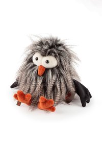 Plush toy owl with gray fuzzy body, black wings, orange beak, and feet. Features large white eyes and a tufted head with long strands.