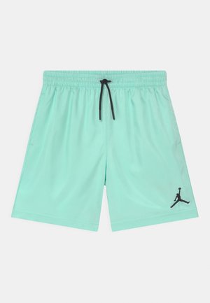 Mintgrønne sportsshorts med sort snøre og sort Jordan-logo på venstre underben, elastisk taljebånd og sidelommer.