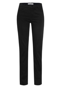 Pantaloni neri slim-fit con chiusura frontale a bottone e zip, passanti per cintura e tasche frontali, presentati su uno sfondo bianco.