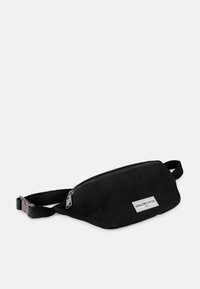 Black canvas fanny pack with a zip closure, flat design, adjustable woven strap, and a rectangular label with "HOLZRICHTER" printed on it.