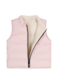 Ljusrosa vadderad väst med dragkedjeframsida, med en mjuk, vit konstpälsfoder och kanal-sömnad. Ärmlös, rundad krage.