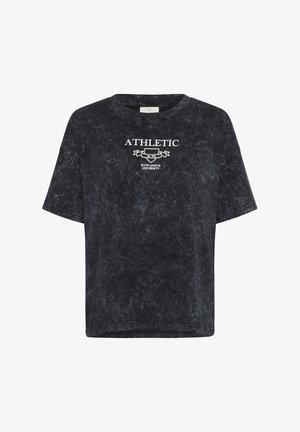 Tricou negru, supradimensionat, cu un finisaj texturat, ușor spălat. Se prezintă cu text alb: "ATHLETIC" și "ELITE LEAGUE UNIVERSITY" într-un design sportiv.